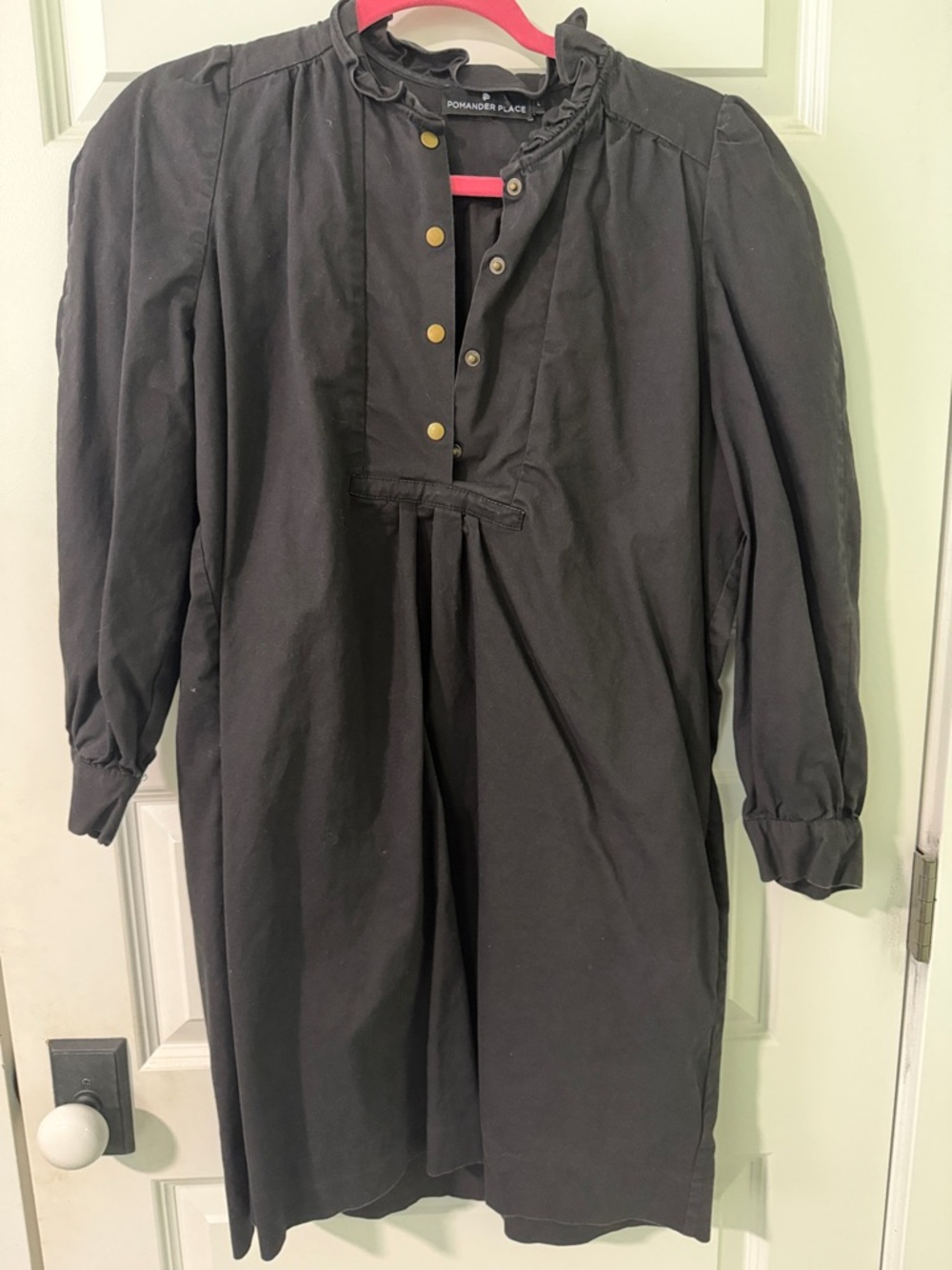 Pomander Place Black Mini Dress with Gold Buttons